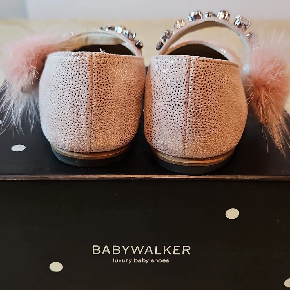 Babywalker Dusty Pink Leather Fur Jewel Baby Shoes NWT & box Greece 21 US 18-24m